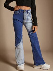 Radiana 青少年女孩 Y2K 双色毛边剪裁拼接喇叭牛仔裤，带口袋和毛边下摆，青少年女孩秋季返校街头服饰 - 深色水洗藍 - 查看 6