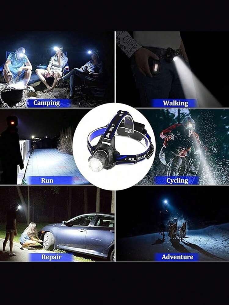 1 个头戴式头灯，高亮度超亮头灯，90 度调节，3 种模式，需要安装电池 18650（产品不包含电池）带 USB 充电线，成人手电筒，适用于跑步、露营、钓鱼、徒步旅行、自行车头灯 - 黑藍 - 查看 2