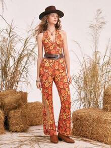 SHEIN MOD Floral Print Tie Backless Halter Top & Flare Leg Trousers - Multicolor - View 7