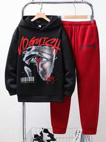 SHEIN 2 件青少年男童休闲字母标语印花连帽运动衫和运动裤套装，纯色基本百搭，适合通勤、上学、日常休闲、旅行、户外派对、运动、秋冬 - 彩色 - 查看 1
