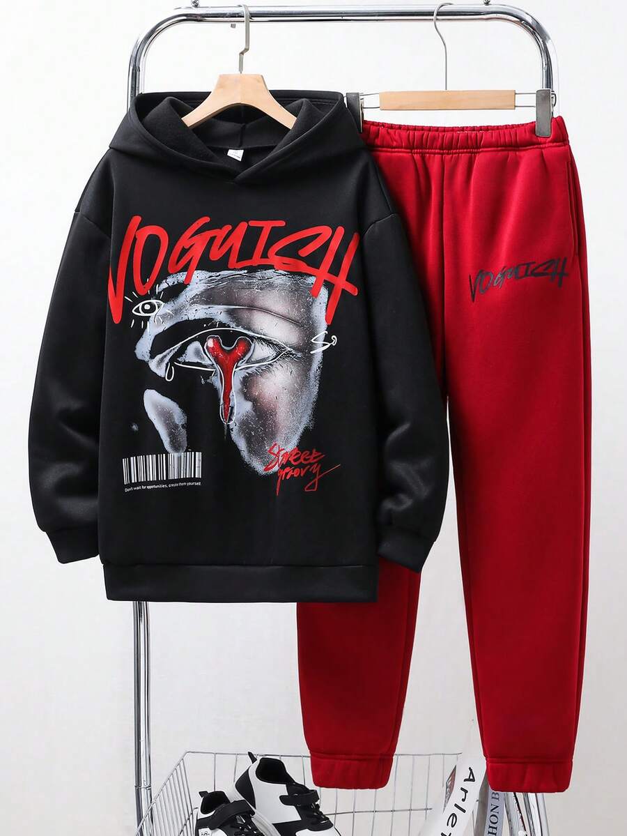 SHEIN 2 件青少年男童休闲字母标语印花连帽运动衫和运动裤套装，纯色基本百搭，适合通勤、上学、日常休闲、旅行、户外派对、运动、秋冬 - 彩色 - 查看 1