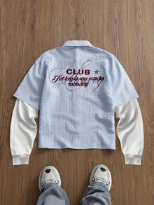 Manfinity VCAY Men's Slogan Embroidered Striped Casual Long Sleeve Shirt - Blue - View 2