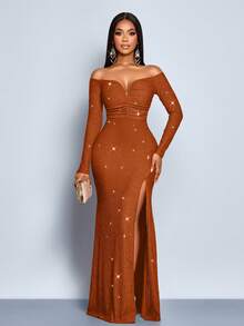SOLERSUN Women's Fashionable Elegant V-Neck Off Shoulder Mermaid Hem Cocktail Party Night Club Bodycon Sexy Dress, Suitable For Christmas Party Vacation & Dating - Rust Brown - View 7