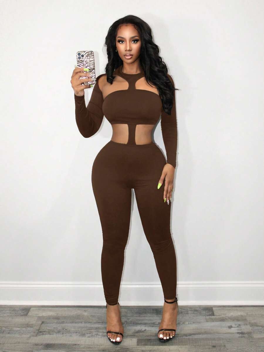 BamGleam Women's Sexy Minimalist Solid Color Hollow-Out Backless Long Sleeve Jumpsuit