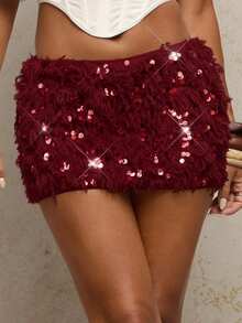 SHEIN BAE 女式纯色亮片毛绒短裙 - 酒紅色 - 查看 4