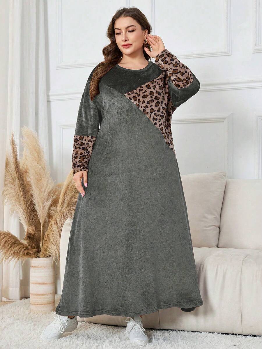 Lacomfia Vestido casual de mujer talla grande reversible de franela con estampado de leopardo y patchwork - Gris - Ver 1