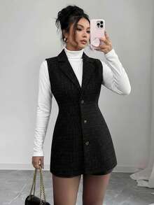 Elenzga Áo khoác nữ cổ bẻ, hở trước, ve kẻ caro, không tay, mùa thu/đông - màu đen - Xem 4
