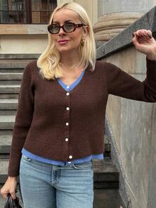 Vivie Lora Women's Contrast Color Patchwork Knit Cardigan - Brown - View 4