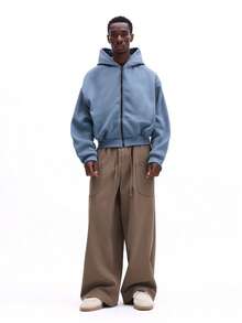 SUMWON 短款浅蓝色全拉链连帽衫，无抽绳帽，罗纹袖口，休闲街头风卫衣，秋冬季叠穿必备单品 - 霧霾藍 - 查看 3