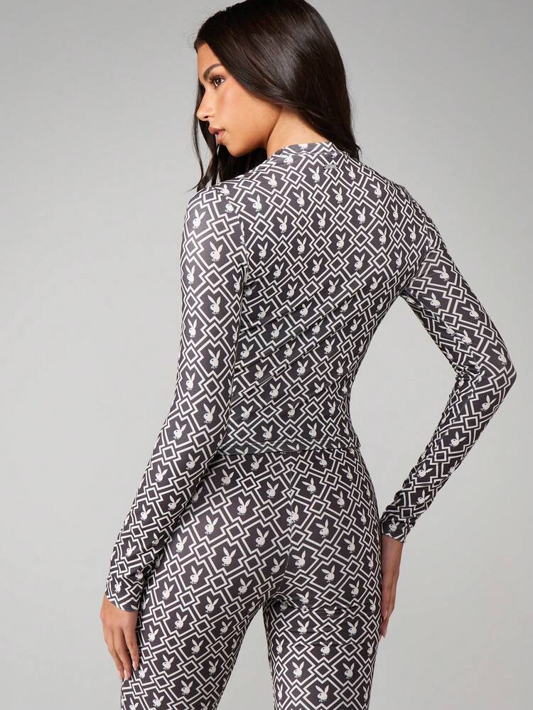 Missguided x Playboy Bunny All Over Print Long Sleeve Fitted Top With Geometric Diamond Pattern For Casual Winter Wear