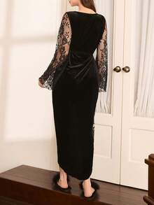 Elegant Mature Sexy French Lace Robe For Women Sexy Nightgown Lingerie Robe Set Black Night Gown Mesh Robe - Black - View 3