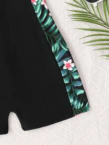 SHEIN 少女新款休闲度假泳衣，夏季沙滩黑色拼接绿色植物花卉拉链连体泳衣，夏季沙滩，冲浪 - 黑色 - 查看 4