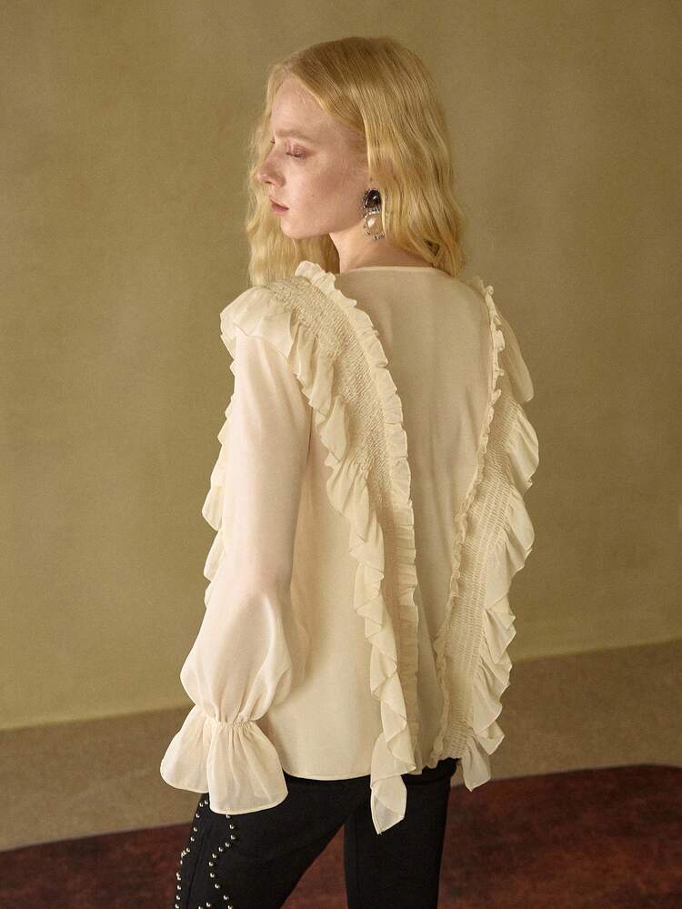 MOTF STUDIO WOMEN'S CHIFFON RUFFLE TIE FRONT LOOSE FIT LONG SLEEVE BLOUSE