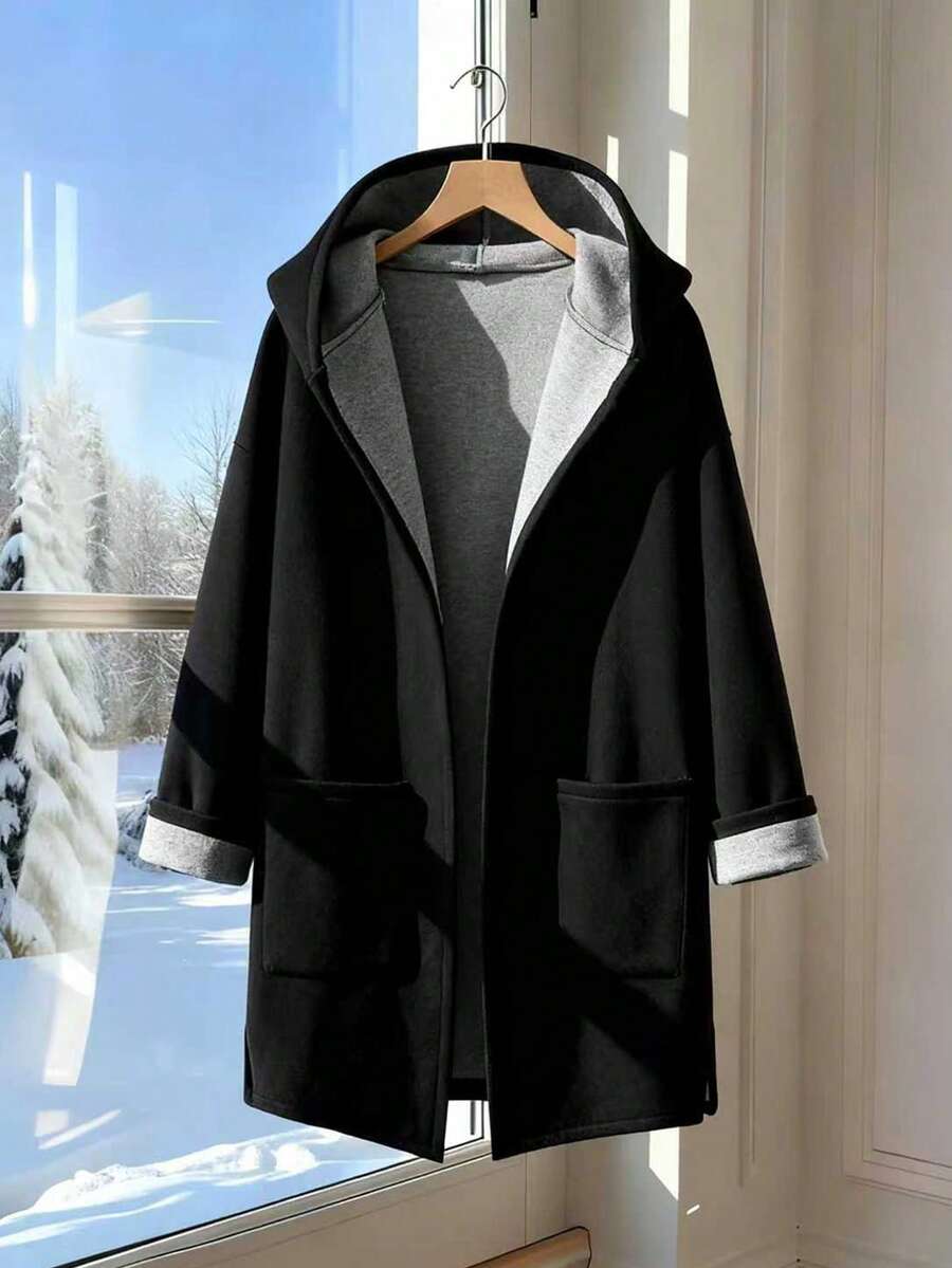 Franclia 秋冬新款女士休闲连帽黑色宽松羊毛混纺开衫