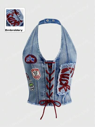 ROMWE Avant Women's Y2K Retro Jersey Sports Ballet Style Graphic Logo Embroidered Drawstring Low Waist Sexy Cropped Denim Top