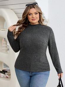 SHEIN CURVE+ 大码女式黑色高领长袖T恤，秋季基础款上衣 - 深灰色 - 查看 3