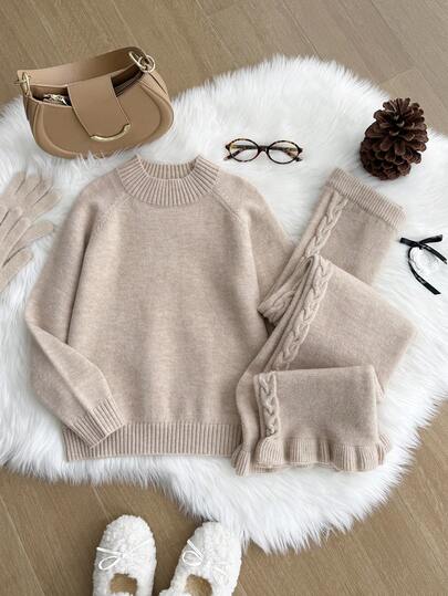 SHEIN Sparklyn Bộ 2 áo len đan thanh lịch cho bé gái, áo len chui đầu cổ lọ + quần len đan nhún bèo họa tiết, thích hợp cho mùa thu/đông, trở lại trường, thường ngày, ở nhà, ngoài trời, tiệc tùng, mua sắm