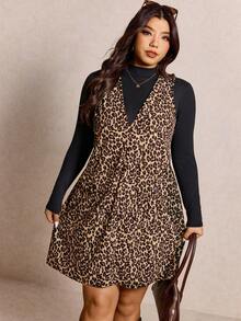 Elaquor Plus Size Women Leopard Print Deep V-Neck Fashionable Strap Dress, Autumn/Winter Cheetah Print - Multicolor - View 5