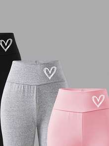 3pcs/Set Tween Girl Heart Print Casual Comfortable Fashion Flare Pants, Black, Gray, Pink, Stylish Autumn/Winter - Multicolor - View 4