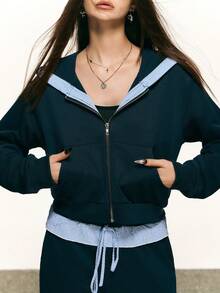 Rina Fox 女士休闲拉链长袖落肩连帽衫和裤子两件套 - 藏蓝色 - 查看 5