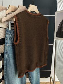 Franclia Casual Loose Round Neck Sleeveless Contrast Trim Knit Top For Women, Spring/Autumn Brown - Multicolor - View 2