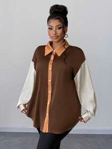 Maweii Plus Size Women's Elegant Colorblock Turndown Collar Long Sleeve Shirt, Sophisticated For Daily Commute - Multicolor - View 2