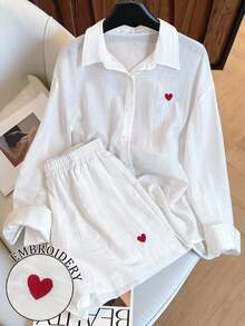Resyla 女款復古硬幣刺繡愛心休閒寬鬆襯衫短褲兩件套，時尚百搭 - 白色 - 查看 1