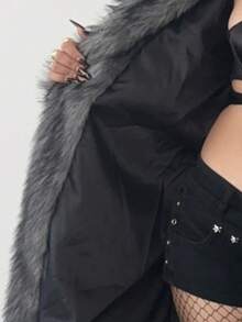 POPSWAY 加大码人造毛领长袖毛绒外套 - 灰色 - 查看 6
