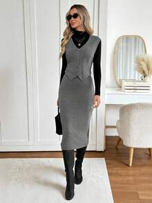 Easowa Bộ 2 món áo vest và chân váy công sở thời trang thu đông dành cho nữ - Xám - Xem 4
