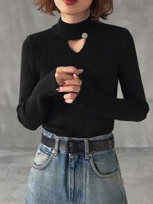 FRIFUL Women's Casual Solid Color Hollow Out Stand Collar Sweater, Autumn/Winter - Black - View 8