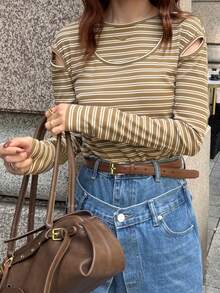 FRIFUL Damen gestreiftes Rundhals Langarm Ausschnitt-Schulter Lässig T-Shirt, vielseitig für Herbst/Winter