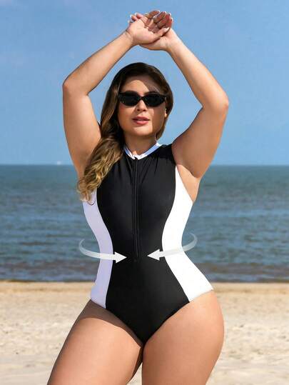 Swim SPRTY Traje de baño de una pieza con parches en negro y blanco, cuello redondo, sin mangas y con cremallera decorativa, adecuado para vacaciones de verano en la playa, talla grande