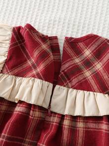 Cozy Pixies 女婴撞色蝴蝶结荷叶边领长袖连衣裙，加厚保暖内衬，红色格子连衣裙，适合冬季、圣诞节、新年、外出等场合 - 紅色 - 查看 5