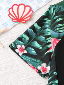 SHEIN 少女新款休闲度假泳衣，夏季沙滩黑色拼接绿色植物花卉拉链连体泳衣，夏季沙滩，冲浪 - 黑色 - 查看 3