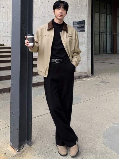 DAZY Khaki Body Fabric Patchwork Brown Corduroy Collar Men's Jacket Coat, Autumn/Winter