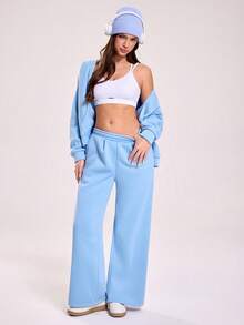 Sovereign Charm Women's Casual Outdoor Fitness Running Loose Wide Leg Long Yoga Sweatpants With Side Pockets And Drawstring Waist, Autumn/Winter Wide Leg Sweatpants Flare Pants Women Flare Sweat Pants Wide Leg Pants Women Palazzo Pants Women - Baby Blue - View 2