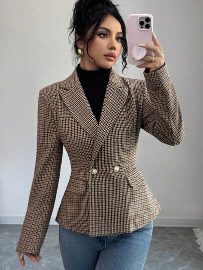Elenzga Women's Plaid Pattern Peak Collar Double-Breasted Fitted Blazer Jacket, Suitable For Work, Commute, And Teaching