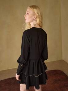 MOTF STUDIO WOMEN'S GIGOT SLEEVE WAIST CINCHED RIVET LAYERED SHORT DRESS - Black - View 7