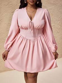 Truni Plus Size Women's Floral Peplum Hem Mini Dress, Long Sleeve Dress/Autumn /Winter - Pink - View 6