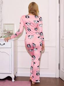SweetSlumber Conjunto de pijama de top ajustado y pantalones acampanados con estampado de panda lindo, ropa de invierno para mujer - Rosa - Ver 2