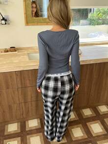 SHEIN Casual Number Letter Print Notch Neck Long Sleeve Top & Plaid Elastic Waist Woven Pants Pajama Set, Winter Clothes - Blue - View 3