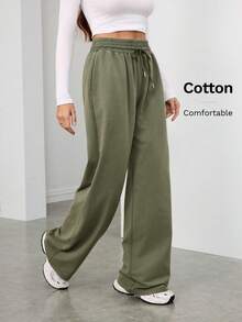 SHEIN Tall Black Snow-Washed Ladies Knitted Sweatpants Women's Green Knitted Fabric Wide Leg Pants With Pockets And Drawstring Long Length - Army Green - View 5