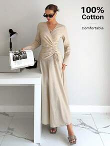 Siren Gaze 女式纯棉和亚麻褶皱腰不对称下摆长袖连衣裙 - 杏色 - 查看 4