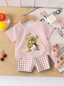 2件套女婴可爱小熊印花粉色圆领短袖T恤+格子印花短裤套装，适合夏季外出 - 彩色 - 查看 3