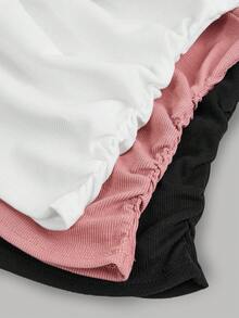 Girlism Tween Girls 3pcs/Set Autumn And Winter/Casual And Versatile/One-Line Collar/Gathered Details/Knitted Slim-Fit Bottoming Long-Sleeved T-Shirt, Girls Tight Tops, 3 Pack Tops, Long Sleeve Tops, Fitted Tops - Dusty Pink - View 4