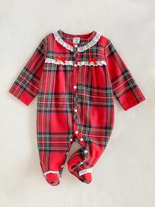Newborn Cute Long Sleeve Footed Romper, Sweet Red Fall Winter - Red - View 1