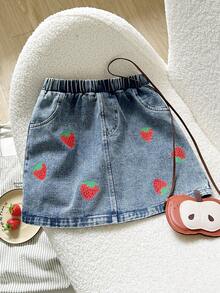Playful Pals Young Girl' Casual Cute Washed Blue Strawberry Print Skirt, Comfortable Sweet Casual Resort School Style Recommended! Comfortable Washed Blue Denim Fabric - Medium Wash - View 3