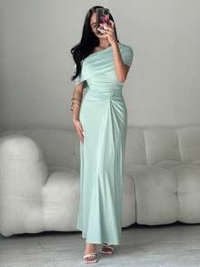 Modelyn Wedding Season, Spring And Summer Casual And Elegant Commuting, Daily Dates, Birthday Parties, Office Wear, Simple Best Friend Gatherings, High-End Banquets, Parties, Off-The-Shoulder Wraparound Collar Sleeveless Front Pleated Design, Slimming Long Dress, Mint Green Knitted Women's Extra-Long Dress - Mint Green - View 1