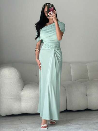 Modelyn Bröllopssäsong, Vår och sommar, avslappnad och elegant pendling, dagliga dejter, födelsedagsfester, kontorskläder, enkla bästa vän-sammankomster, exklusiva banketter, fester, axelbandslös krage, ärmlös framtill, veckad design, bantande långklänning, mintgrön stickad extralång damklänning