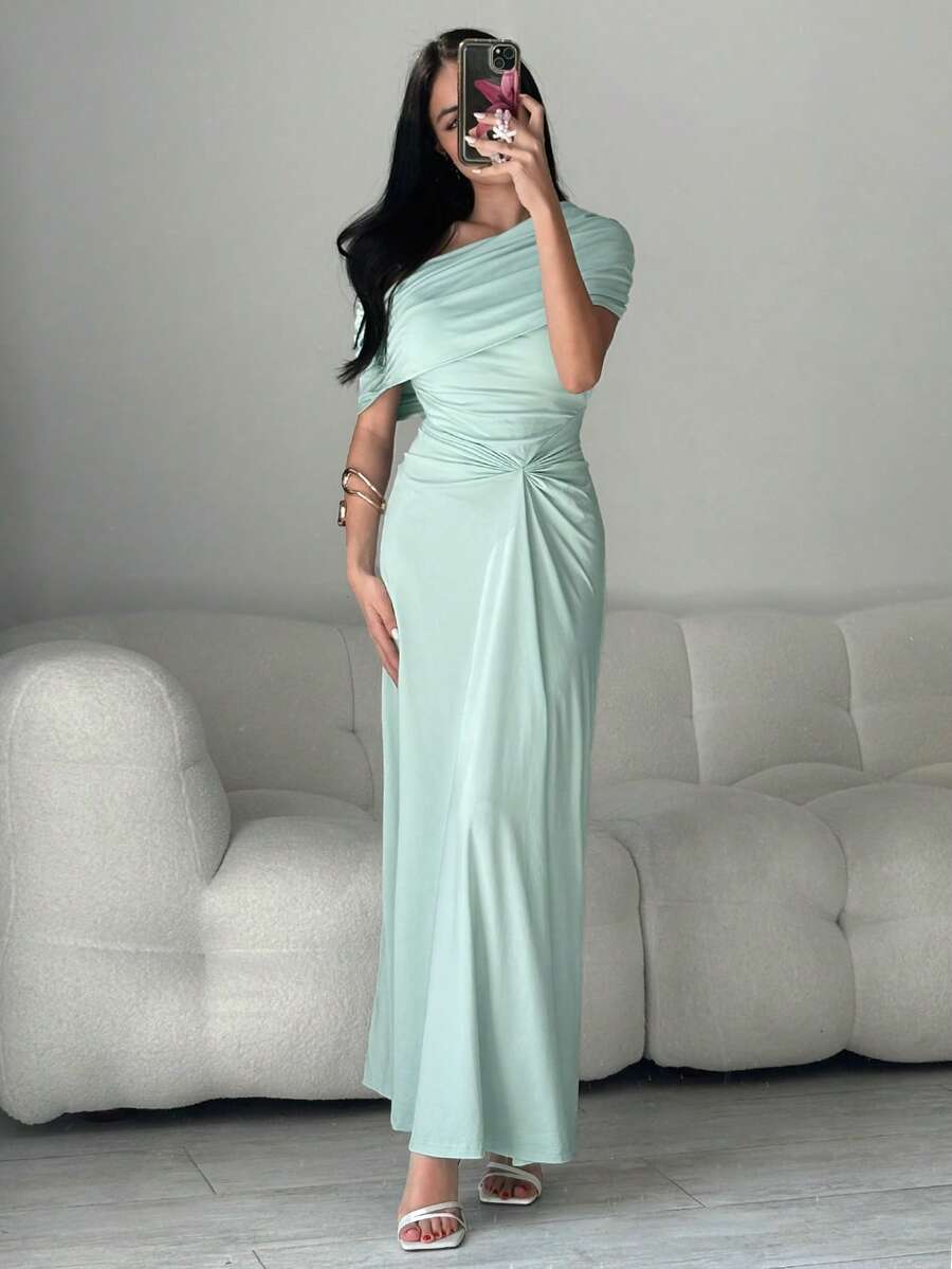 Modelyn Wedding Season, Spring And Summer Casual And Elegant Commuting, Daily Dates, Birthday Parties, Office Wear, Simple Best Friend Gatherings, High-End Banquets, Parties, Off-The-Shoulder Wraparound Collar Sleeveless Front Pleated Design, Slimming Long Dress, Mint Green Knitted Women's Extra-Long Dress - Mint Green - View 1